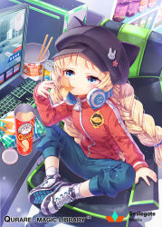 Rule 34 | 1girl, animal ears, animal hat, black hat, blonde hair, blue eyes, braid, brand name imitation, can, cat hat, chair, chips (food), computer, copyright name, drink can, eating, fake animal ears, food, hat, headphones, headphones around neck, indoors, jacket, keyboard, long hair, looking at viewer, montgomery (qurare), official art, pants, potato chips, pringle duck, qurare magic library, rabbit pin, shoes, sitting, sneakers, socks, soda bottle, soda can, solo, sweatpants, track jacket, twin braids, very long hair, watermark, white socks, zenyu, zipper