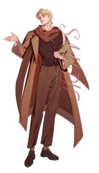 Rule 34 | 1boy, blonde hair, brown coat, brown eyes, brown footwear, brown pants, brown socks, brown vest, buttons, closed mouth, coat, commentary, dio brando, dress shirt, ear birthmark, full body, handsomedao, head tilt, highres, jojo no kimyou na bouken, long coat, male focus, open clothes, pants, phantom blood, scarf, shirt, shoes, short hair, smile, socks, solo, symbol-only commentary, vest