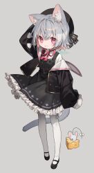 Rule 34 | 1girl, :3, animal ear fluff, animal ears, belt, black footwear, cheese, coefont, commentary, dress, english commentary, food, frilled dress, frills, grey hair, hair between eyes, hand up, highres, jacket, kitsune ncv, long sleeves, looking at viewer, mouse (animal), open clothes, open jacket, open mouth, pantyhose, pink eyes, ribbon, sayo (voicevox), short hair, sleeves past fingers, sleeves past wrists, solo, tail, voicevox, watermark, white pantyhose