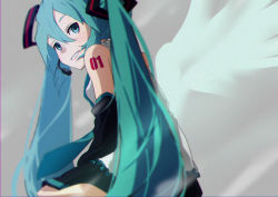 1girl black_skirt blue_eyes blue_hair blue_necktie breasts commentary detached_sleeves frilled_shirt frills hair_between_eyes hatsune_miku highres long_hair long_sleeves microphone miniskirt necktie number_tattoo pakotaroh pleated_skirt shirt shoulder_tattoo sitting skirt sleeveless sleeveless_shirt small_breasts smile solo tattoo twintails very_long_hair vocaloid wings