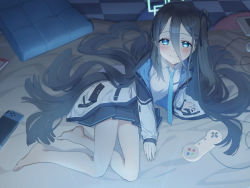 Rule 34 | 1girl, applepie (12711019), aris (blue archive), arm support, bare legs, barefoot, black hair, black skirt, blanket, blue archive, blue eyes, blue necktie, blush, breast pocket, checkered floor, closed mouth, collared shirt, controller, cushion, full body, game controller, gamepad, hair between eyes, halo, highres, jacket, long hair, long sleeves, looking at viewer, necktie, nintendo switch, open clothes, open jacket, pleated skirt, pocket, rectangular halo, shirt, sitting, skirt, smile, solo, very long hair, white jacket, white shirt, yokozuwari