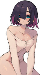 Rule 34 | 1girl, bare shoulders, blue eyes, blush, bottomless, breasts, buttons, closed mouth, cowboy shot, dayo34, highres, kneeling, long sleeves, looking at viewer, medium breasts, multicolored hair, off-shoulder shirt, off shoulder, original, purple hair, shirt, short hair, simple background, solo, thighs, white background, white shirt
