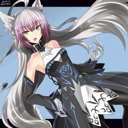 Rule 34 | 1girl, ahoge, animal ears, atalanta (fate), atalanta alter (fate), atalanta alter (first ascension) (fate), bare shoulders, black dress, black pantyhose, collarbone, commentary request, dated, detached sleeves, dress, fate/grand order, fate (series), gradient hair, green eyes, hair between eyes, hand on own hip, hebitsukai-san, highres, long hair, looking at viewer, multicolored hair, open mouth, pantyhose, purple hair, silver hair, sleeveless, sleeveless dress, sleeves past wrists, solo, tail, twitter username, very long hair