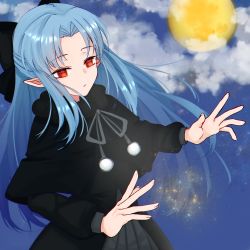 Rule 34 | 1girl, black bow, black dress, blue hair, bow, chronica (chr0nica), closed mouth, cowboy shot, dress, full moon, hair bow, highres, len (tsukihime), long hair, long sleeves, moon, neck ribbon, night, outdoors, pointy ears, pom pom (clothes), red eyes, ribbon, solo, standing, tsukihime, yellow moon