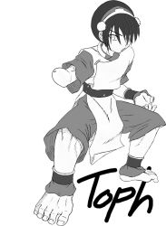 Rule 34 | amputee, anklet, avatar: the last airbender, avatar legends, barefoot, belt, black hair, feet, jewelry, nickelodeon, open mouth, scar, squatting, toes, toph bei fong