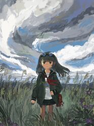 Rule 34 | 1girl, absurdres, akziqi, arm at side, bag, black eyes, black sailor collar, black skirt, blue sky, closed mouth, cloud, cloudy sky, commentary, day, feet out of frame, floating hair, flower, goggles, goggles on head, grass, green jacket, highres, holding strap, jacket, long hair, looking at viewer, miniskirt, neckerchief, open clothes, open jacket, original, outdoors, pleated skirt, print shirt, purple flower, red neckerchief, sailor collar, scenery, shirt, shoulder bag, skirt, sky, smile, solo, standing, straight-on, tall grass, white shirt