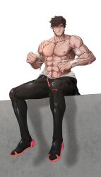 Rule 34 | 1boy, abs, bandaged arm, bandages, bandaid, bandaid on arm, bandaid on face, bara, beard, biceps, blood, blood on body, brown eyes, brown hair, dobek k, facial hair, formal, hairy, highres, large pectorals, male focus, manly, mature male, muscular, muscular male, nipples, pectorals, scp-500, scp foundation, short hair, simple background, sitting, solo, spiked hair, suit, thick arms, thick eyebrows, thick thighs, thighs, tight clothes, veins, white background