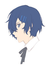 Rule 34 | 1boy, absurdres, blue eyes, blue hair, closed mouth, grey ribbon, hair between eyes, hair ornament, hairclip, highres, looking at viewer, looking to the side, male focus, neck ribbon, persona, persona 3, ribbon, short hair, simple background, sketch, solo, tsubsa syaoin, white background, yuuki makoto (persona 3)