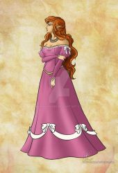 Rule 34 | 1girl, artist request, bare shoulders, blue eyes, breasts, brown hair, circlet, cleavage, closed mouth, dress, elf, expressionless, full body, highres, jewelry, lips, lipstick, long dress, long hair, long sleeves, looking up, makeup, medium breasts, neck, necklace, nintendo, off-shoulder dress, off shoulder, pearl necklace, pink dress, pointy ears, princess zelda, puffy long sleeves, puffy sleeves, purple lips, red hair, serious, solo, standing, the legend of zelda, wavy mouth, zelda ii: the adventure of link