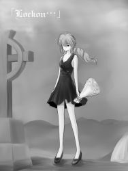 Rule 34 | 00s, 1girl, bare shoulders, bouquet, breasts, cleavage, closed mouth, colorized, dress, expressionless, feldt grace, flower, fog, full body, greyscale, gundam, gundam 00, hair over one eye, high heels, holding, holding bouquet, long hair, low twintails, medium breasts, monochrome, niwatori kokezou, no socks, outdoors, pink hair, rose, shoes, short dress, sleeveless, sleeveless dress, solo, standing, tombstone, twintails