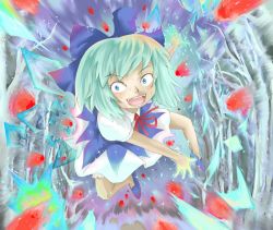Rule 34 | 1girl, aqua hair, battle, blue eyes, bow, cirno, crazy, danmaku, hair bow, ice, missing tooth, missing tooth, motion blur, ohyo, open mouth, short hair, solo, embodiment of scarlet devil, touhou