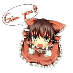 Rule 34 | 1girl, bad id, bad pixiv id, blush, bow, brown hair, chibi, english text, engrish text, fang, female focus, from above, full body, gift, hair bow, hakurei reimu, large bow, looking up, no nose, pasutel, ranguage, ribbon, solo, touhou, valentine, white background