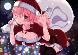Rule 34 | 1girl, ;), bad anatomy, black thighhighs, breasts, brown footwear, cleavage, closed mouth, commentary request, full moon, garter straps, hat, heart, holding, holding sack, ibuibuyou, large breasts, light particles, looking at viewer, medium hair, moon, one eye closed, outdoors, pink eyes, pink hair, red headwear, sack, saigyouji yuyuko, santa costume, santa hat, signature, smile, star (sky), thighhighs, touhou