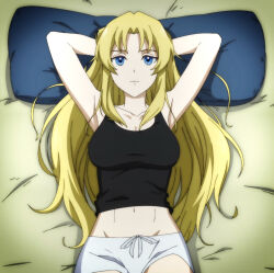 Rule 34 | 1girl, absurdres, armpits, arms behind head, bed, blonde hair, blue eyes, breasts, cleavage, highres, hyouken no majutsushi ga sekai wo suberu, large breasts, legs, looking at viewer, lydia ainsworth, lying, midriff, navel, shorts, sleeveless, stitched, thighs, third-party edit