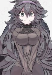Rule 34 | 1girl, @ @, alternate breast size, black dress, black hair, black hairband, breasts, closed mouth, cloth, commentary request, creatures (company), curly hair, dress, game freak, grey eyes, hair between eyes, hairband, hex maniac (pokemon), highres, holding, large breasts, long hair, looking at viewer, nintendo, outline, own hands together, pokemon, pokemon xy, ribbed sweater, sashihiki otsuri, smile, solo, sweater, translated, white background