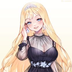 Rule 34 | 1girl, black dress, blonde hair, blue eyes, breasts, cleavage, diamond earrings, dress, earrings, tucking hair, highres, hololive, hololive english, jewelry, large breasts, long hair, long sleeves, looking at viewer, lw goombang, mole, mole on breast, official alternate costume, open mouth, see-through, simple background, smile, solo, tiara, virtual youtuber, watson amelia, watson amelia (party dress), white background