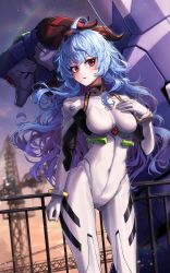 Rule 34 | 1girl, absurdres, ahoge, alternate hairstyle, ayanami rei, ayanami rei (cosplay), blue hair, blush, bodysuit, breasts, commentary request, cosplay, covered navel, eva 00, evangelion: 3.0+1.0 thrice upon a time, ganyu (genshin impact), genshin impact, gradient sky, hand on own chest, highres, horns, kokukyukeo, korean commentary, long hair, looking at viewer, medium breasts, neon genesis evangelion, parted lips, plugsuit, purple eyes, rebuild of evangelion, sidelocks, sky, solo, standing, thighs, twilight, white bodysuit