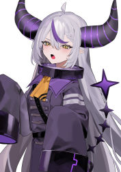 Rule 34 | 1girl, absurdres, ahoge, bebe (bebe pp), blush, braid, breasts, coat, collar, fang, grey hair, hair between eyes, highres, hololive, holox, horns, la+ darknesss, la+ darknesss (1st costume), long hair, looking at viewer, open mouth, pointy ears, purple hair, simple background, sleeves past wrists, solo, striped horns, very long hair, virtual youtuber, white background, yellow eyes