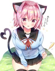 Rule 34 | 1girl, adapted costume, animal ears, between legs, black sailor collar, black skirt, black thighhighs, blue cardigan, cardigan, cat ears, cat tail, cat teaser, commentary request, cushion, fang, hair intakes, hand between legs, highres, kantai collection, long sleeves, masayo (gin no ame), neckerchief, open mouth, pink hair, pleated skirt, red eyes, sailor collar, school uniform, serafuku, short hair, simple background, sitting, skin fang, skirt, smile, solo, sparkle, tail, tama (kancolle), tama kai ni (kancolle), thighhighs, translated, white background