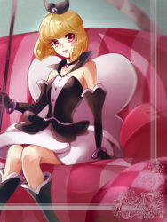 Rule 34 | 1girl, black bow, black choker, black footwear, black gloves, blonde hair, boots, bow, bracelet, choker, closed mouth, collarbone, elbow gloves, gloves, hair bow, happinesscharge precure!, highres, holding, jewelry, knee boots, looking at viewer, miniskirt, pendant, precure, purple lips, queen mirage, red eyes, shipu (gassyumaron), short hair, sitting, skirt, solo, white skirt