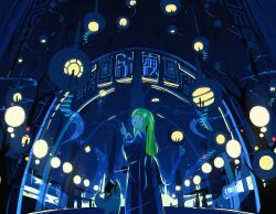 Rule 34 | 1girl, bare tree, black hat, blue dress, city lights, dress, feet out of frame, from behind, green eyes, green hair, hand up, harumaki gohan, hat, index finger raised, long bangs, long dress, long hair, long sleeves, looking up, night, night sky, original, outdoors, pointing, sidelocks, sky, solo, star (sky), straight hair, top hat, tree
