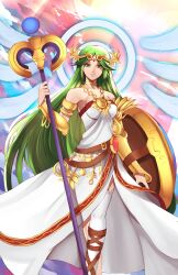 Rule 34 | 1girl, absurdres, ancient greek clothes, armlet, bare shoulders, breasts, chain, chiton, circlet, collarbone, commentary, dress, english commentary, forehead jewel, gold chain, greco-roman clothes, green eyes, green hair, highres, holding, holding shield, holding staff, jewelry, kid icarus, kid icarus uprising, large breasts, long hair, neck ring, nintendo, palutena, parted bangs, pendant, sean sorey, shield, single thighhigh, solo, staff, strapless, strapless dress, thighhighs, vambraces, very long hair, white dress, white thighhighs