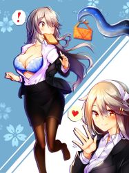 Rule 34 | !, 1girl, bento, black jacket, black skirt, blue bra, blush, bra, bread slice, breasts, brown eyes, brown pantyhose, cleavage, collarbone, floating hair, food, food in mouth, grey hair, hair ornament, hairband, hairclip, haruna (kancolle), heart, highres, jacket, kantai collection, large breasts, long hair, looking at viewer, mouth hold, multiple views, open clothes, open shirt, pantyhose, purple shirt, shirt, skirt, smile, spoken exclamation mark, spoken heart, tentacles, toast, toast in mouth, tsukui kachou, underwear