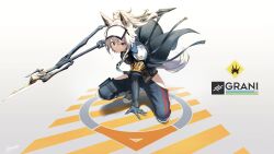 Rule 34 | 1girl, absurdres, animal ears, arknights, armband, black shirt, character name, clothing cutout, collared shirt, commentary request, full body, gameplay mechanics, gauntlets, grani (arknights), grey eyes, grey hair, grey pants, health bar, highres, holding, holding polearm, holding weapon, horse ears, horse girl, horse tail, looking at viewer, pants, polearm, shirt, shoes, smile, sneakers, solo, spear, superhero landing, tail, thigh cutout, visor cap, weapon, yossui