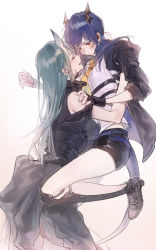 Rule 34 | 2girls, arknights, armor, bad id, bad twitter id, black footwear, black gloves, black jacket, black pants, black shirt, black shorts, blue hair, blush, breastplate, breasts, ch&#039;en (arknights), chinese commentary, closed eyes, closed mouth, clothes around waist, collared shirt, commentary, dragon horns, dragon tail, earpiece, face-to-face, facial scar, fingerless gloves, gloves, green hair, highres, horns, hoshiguma (arknights), jacket, jacket around waist, knee guards, lifting person, long hair, medium breasts, medium hair, mixed-language commentary, multiple girls, necktie, open clothes, open jacket, open mouth, otammato, pants, red eyes, scar, scar on cheek, scar on face, shirt, shoes, short shorts, shorts, simple background, skin-covered horns, sleeveless, sleeveless shirt, smile, straight hair, tail, thighs, turtleneck, twintails, white background, white shirt, yellow neckwear, yuri