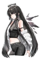 Rule 34 | 1girl, arknights, bare shoulders, black hair, black halo, black nails, black pants, black wings, breasts, bright pupils, cleavage, commentary request, crop top, ear piercing, energy wings, grey eyes, halo, highres, horn/wood, jacket, long hair, long sleeves, looking at viewer, medium breasts, midriff, mole, mole under eye, nail polish, navel, off shoulder, pants, piercing, puffy long sleeves, puffy sleeves, see-through, see-through cleavage, simple background, solo, virtuosa (arknights), white background, white jacket, white pupils, wings