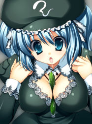Rule 34 | 1girl, blue eyes, blue hair, breasts, cleavage, cucumber, embellished costume, female focus, frills, hat, kawashiro nitori, lace, large breasts, matching hair/eyes, sexually suggestive, solo, takeda aranobu, touhou, twintails, two side up