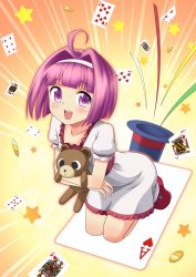 Rule 34 | 1girl, ace (playing card), ahoge, bear, blush, card, choco (rio), floating card, hat, kuri youkan, mint clark, open mouth, playing card, purple eyes, purple hair, short hair, smile, solo, star (symbol), stuffed animal, stuffed toy, super blackjack, swimsuit, top hat