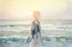Rule 34 | 1girl, beach, black shirt, blue eyes, capelet, closed mouth, commentary request, expressionless, grey skirt, horizon, jacket, kaf (kamitsubaki studio), kamitsubaki studio, layered sleeves, long hair, long sleeves, low ponytail, ocean, outdoors, pink hair, profile, scenery, shirt, short over long sleeves, short sleeves, skirt, sky, solo, standing, sun, sunset, virtual youtuber, water, waves, yori (f2 ef7)