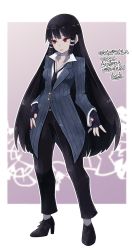 Rule 34 | 1girl, black footwear, black necktie, black pants, border, coat, collared shirt, commission, copyright request, fingernails, full body, grey coat, high heels, highres, lamb-oic029, long sleeves, nail polish, necktie, pants, parted lips, red eyes, red nails, shirt, skeb commission, solo, standing, white border, wing collar
