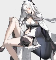 Rule 34 | 1girl, bare legs, bow, breasts, cleavage, closed mouth, clothing cutout, drag-on dragoon, drag-on dragoon 3, dress, flower, gauntlets, grey background, hair bow, hand on own knee, head tilt, highres, kumatangent, leg up, long hair, medium breasts, navel, navel cutout, pink eyes, side cape, sidelocks, simple background, single gauntlet, sitting, solo, thigh strap, white dress, white hair, zero (drag-on dragoon)