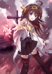 Rule 34 | 10s, 1girl, ahoge, bad id, bad pixiv id, boots, brown hair, detached sleeves, hairband, japanese clothes, kantai collection, kongou (kancolle), long hair, machinery, nontraditional miko, open mouth, personification, purple eyes, solo, thigh boots, thighhighs, toritori (yakitoriya), wide sleeves