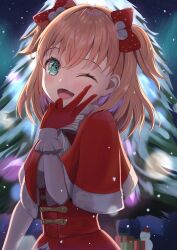 Rule 34 | 1girl, absurdres, alternate hairstyle, bow, bowtie, box, capelet, christmas tree, fur-trimmed capelet, fur collar, fur trim, gift, gift box, gloves, green eyes, high-waist skirt, highres, hinoshita kaho, link! like! love live!, love live!, one eye closed, open mouth, orange hair, red capelet, red gloves, red skirt, shirt, skirt, solo, terumira, two side up, v, white bow, white bowtie, white shirt