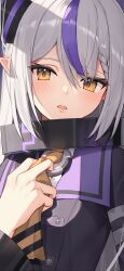Rule 34 | 1girl, adjusting clothes, black shirt, collar, grey hair, hair between eyes, hand up, highres, hololive, la+ darknesss, light blush, long hair, metal collar, multicolored hair, parted lips, pointy ears, purple hair, shirt, solo, streaked hair, thomas 8000, upper body, virtual youtuber, yellow eyes