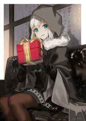 Rule 34 | 1girl, black gloves, blush, boots, border, box, brown pantyhose, cape, commentary request, couch, fate (series), feet out of frame, fur trim, gift, gift box, gloves, gray (fate), green eyes, grey hair, hair between eyes, hands up, highres, holding, holding box, hood, hood up, long sleeves, looking at viewer, lord el-melloi ii case files, motto (night wear), on couch, pantyhose, short hair, signature, sitting, skirt, smile, solo, white border