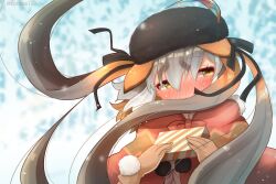 Rule 34 | 1girl, blush, cape, coroha, gift, gloves, grey hair, hat, hat feather, island fox (kemono friends), kemono friends, kemono friends v project, long hair, multicolored hair, orange hair, ribbon, simple background, snow, solo, twintails, two-tone hair, virtual youtuber, yellow eyes