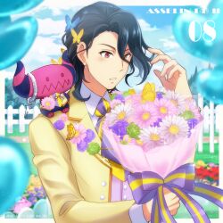 Rule 34 | 1boy, aki ma jiro, asselin bb ii, black hair, bug, butterfly, butterfly hair ornament, buttons, character name, fence, fingernails, flower, formal, hair ornament, heterochromia, highres, idolmaster, idolmaster side-m, insect, long hair, long sleeves, parted lips, red eyes, satan (idolmaster), suit, yellow eyes