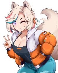 Rule 34 | 1girl, animal ears, asymmetrical hair, black camisole, blonde hair, blue eyes, blue hair, breasts, camisole, cleavage, commentary, cowboy shot, denim, down jacket, eyes visible through hair, fox ears, fox girl, fox tail, funaby (vtuber), hair ribbon, hand in pocket, highres, jacket, jeans, large breasts, leaning forward, looking at viewer, multicolored clothes, multicolored eyes, multicolored hair, multicolored jacket, one eye closed, one side up, orange jacket, orange ribbon, owozu, pants, pink hair, purple eyes, ribbon, slash-ex, smile, solo, spanish commentary, streaked hair, tail, tight clothes, tight pants, two-tone jacket, v, white background, white jacket