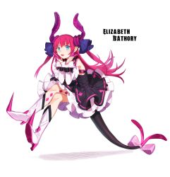 Rule 34 | 10s, 1girl, bad id, bad pixiv id, black dress, blue eyes, blush, boots, character name, commentary request, crossed legs, curled horns, detached sleeves, dragon horns, dragon tail, dress, elizabeth bathory (fate), elizabeth bathory (fate/extra ccc), elizabeth bathory (first ascension) (fate), fate/extra, fate/extra ccc, fate (series), full body, hair between eyes, hair ribbon, highres, horns, knee boots, long hair, long sleeves, open mouth, pink hair, plaid, plaid dress, pointy ears, purple ribbon, ribbon, sitting, solo, spiked boots, spikes, tail, teeth, two side up, upper teeth only, very long hair, white background, white footwear, yai (hachihito)