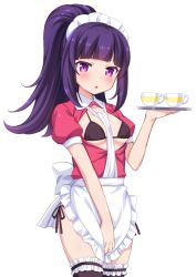 Rule 34 | 10s, 1girl, :o, apron, black bra, black thighhighs, blunt bangs, blush, bra, breasts, breasts out, cup, hanazono shuka, highres, idol time pripara, looking at viewer, maid, maid headdress, panties, pink eyes, ponytail, pretty series, pripara, purple hair, short hair, short sleeves, side-tie panties, simple background, small breasts, solo, teacup, thighhighs, tiger rmn, underwear, white background