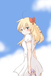 Rule 34 | 1girl, ahoge, blonde hair, blue eyes, blush, bow, braid, breasts, chrono cross, closed mouth, cloud, dress, hair bow, highres, kid (chrono cross), long hair, looking at viewer, medium breasts, simple background, smile, solo, white background