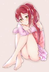 Rule 34 | 1girl, absurdres, arm on knee, ass, bare legs, bare shoulders, barefoot, blush, collarbone, cosplay, crossed arms, detached sleeves, feet, floral print, hair between eyes, hair ornament, hairclip, highres, kitaku (nakamachi machi), knee up, legs together, lily (shironeko project), long hair, looking at viewer, love live!, love live! sunshine!!, panties, pink background, pink panties, pleated skirt, red hair, sakurauchi riko, shironeko project, sidelocks, simple background, sitting, skirt, smile, solo, strapless, toes, underwear, yellow eyes