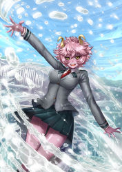 Rule 34 | 10s, 1girl, adsouto, arm up, artist name, ashido mina, bare legs, black sclera, blazer, blue sky, boku no hero academia, breasts, buttons, colored sclera, colored skin, cowboy shot, day, hair between eyes, highres, horns, jacket, long sleeves, looking at viewer, medium breasts, medium hair, miniskirt, necktie, open mouth, outdoors, outstretched arms, purple hair, purple skin, school uniform, shirt, skirt, sky, smile, solo, splashing, spread arms, spread fingers, v-shaped eyebrows, water, watermark, wet, yellow eyes