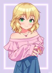 Rule 34 | blonde hair, blue skirt, blush, bow, breasts, collarbone, commentary request, flower, frilled shirt, frills, green eyes, highres, idolmaster, idolmaster cinderella girls, jewelry, long sleeves, looking at viewer, nail polish, necklace, own hands together, pink shirt, purple background, rose, sakurai momoka, shirt, simple background, skirt, sleeves past wrists, small breasts, smile, solo, strapless, waist bow, wavy hair, wgm oekaki