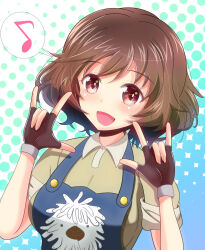 Rule 34 | 1girl, \n/, akiyama yukari, apron, araippe, black gloves, blue apron, brown eyes, brown hair, casual, character print, collared shirt, commentary request, double \n/, eighth note, fingerless gloves, girls und panzer, gloves, green shirt, highres, kumaisao, looking at viewer, messy hair, musical note, open mouth, partial commentary, polka dot, polka dot background, print apron, shirt, short hair, short sleeves, smile, solo, spoken musical note
