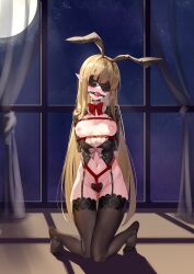 Rule 34 | 1girl, absurdres, animal ears, arknights, arms behind back, ball gag, bdsm, black hairband, black thighhighs, blindfold, blush, bondage, bottomless, bound, bow, bowtie, breasts, closed mouth, covered eyes, curtains, drooling, elf, fake animal ears, full moon, gag, gagged, gluteal fold, hairband, heart maebari, highres, indoors, long sleeves, maebari, moon, muelsyse (arknights), navel, night, night sky, nipples, no shoes, pointy ears, qaq baiguang, rabbit ears, red bow, red bowtie, saliva, shibari, shibari over clothes, sky, small breasts, smile, solo, sweat, thighhighs, wiffle gag, window, window shadow